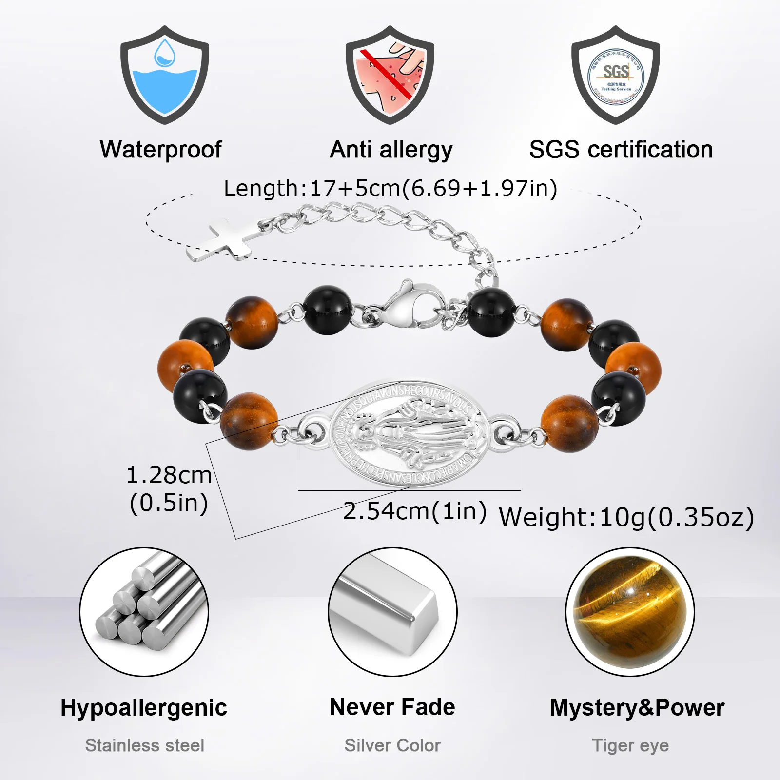 Virgin Mary Bracelet for Men Boys,Natural Tiger Eye Brown Color Stone Beaded Chain Bracelet,Adjustable Prayer Wristband Gift