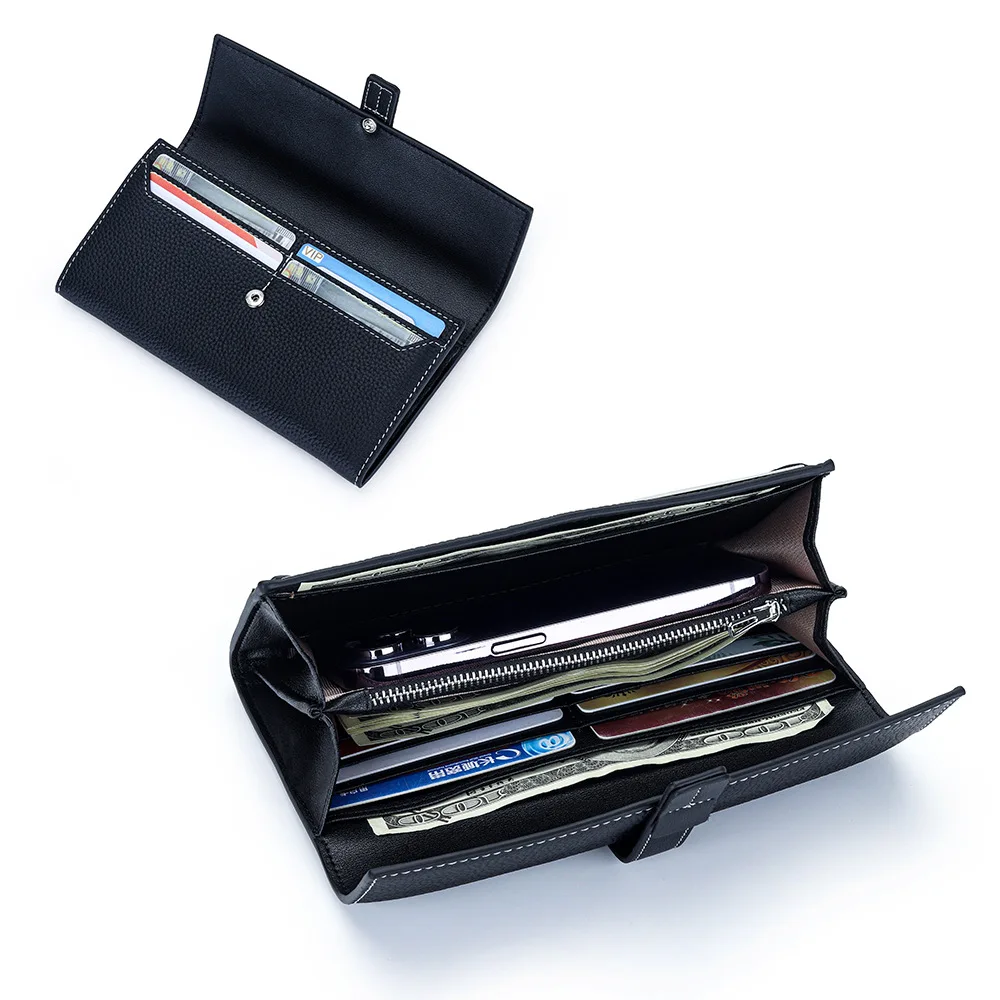Snap Clutch Wallet for Women Money Holder and Card Organizer with Zippered Pouch Lady Full Grain Leather Colorblock Long Wallet