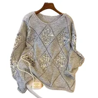 Woman Hollow Knitted Sweater Sequins Solid Glitter Knitting Blouse Long Sleeve Pullover Blouses Female Lady Beach Club Outfit - Image 6