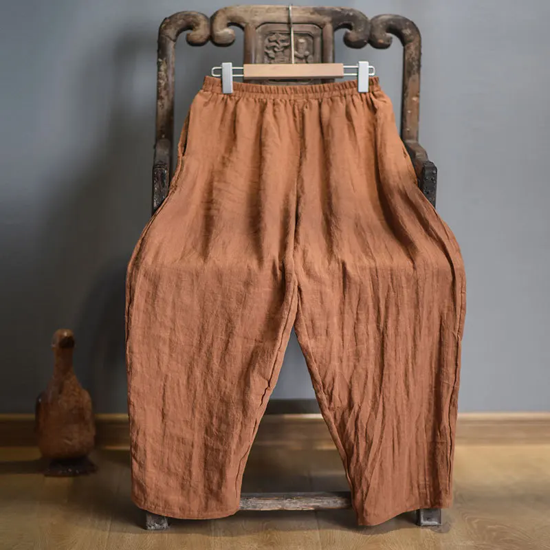 Full Length Retro Elastic Waist Cotton Linen Wide Leg Pants 2022 Spring New Loose Vintage All-match Women Pants RV713 cargo capris