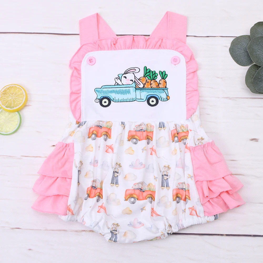 

0-3T Baby Girl Clothes Pink Summer Jumpsuit Sleeveless One-piece Bodysuit With Cartoon Rabbit Truck Embroidery Romper Boutique
