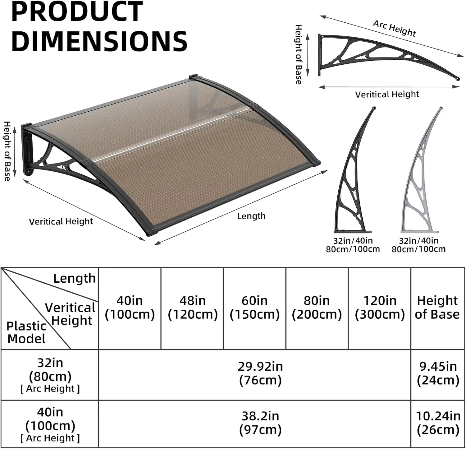 30/40/60/80 Inches Window Awning Outdoor Canopy Exterior For Patio Deck Porch UPF 50+ Polycarbonate Eaves Canopy Sun Shutter