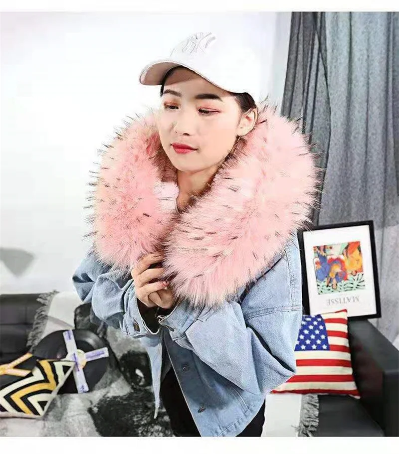 2023 Autumn/Winter Denim Coat Women's Korean Version Loose Fit Female Student Plush Thickened Large Fur Collar Hooded Coat Women