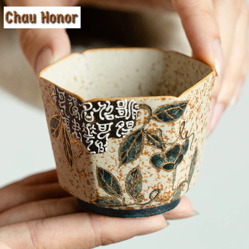 70ml Blue And White Flint Red Teacup Handmade Gold Drawing Branch Lotus Tea Bowl Japanese Set Of Cups Meditation Cup Drinkware