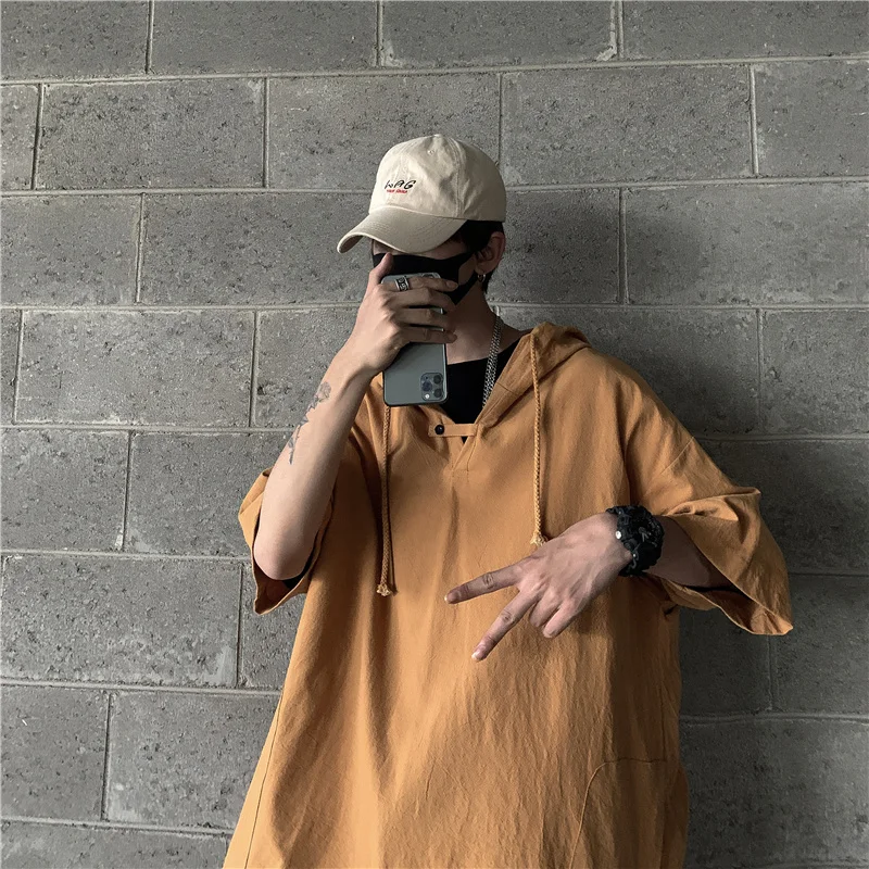 

Japanese Dark Gothic Style Men Sweatshirts Summer Half Sleeve Hooded Tops Loose Shirts Punk Night Club Party Handsome Streetwear
