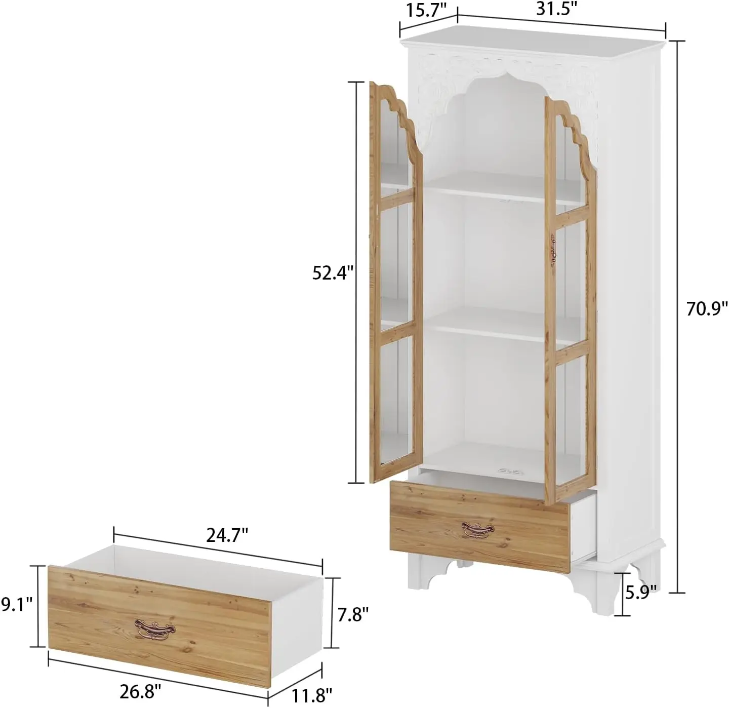 Modern 3-Tier Storage Cabinet Bookshelf with Carved Doors, Multi-Purpose Storage Cabinet with Drawer & Shelves - Image 2