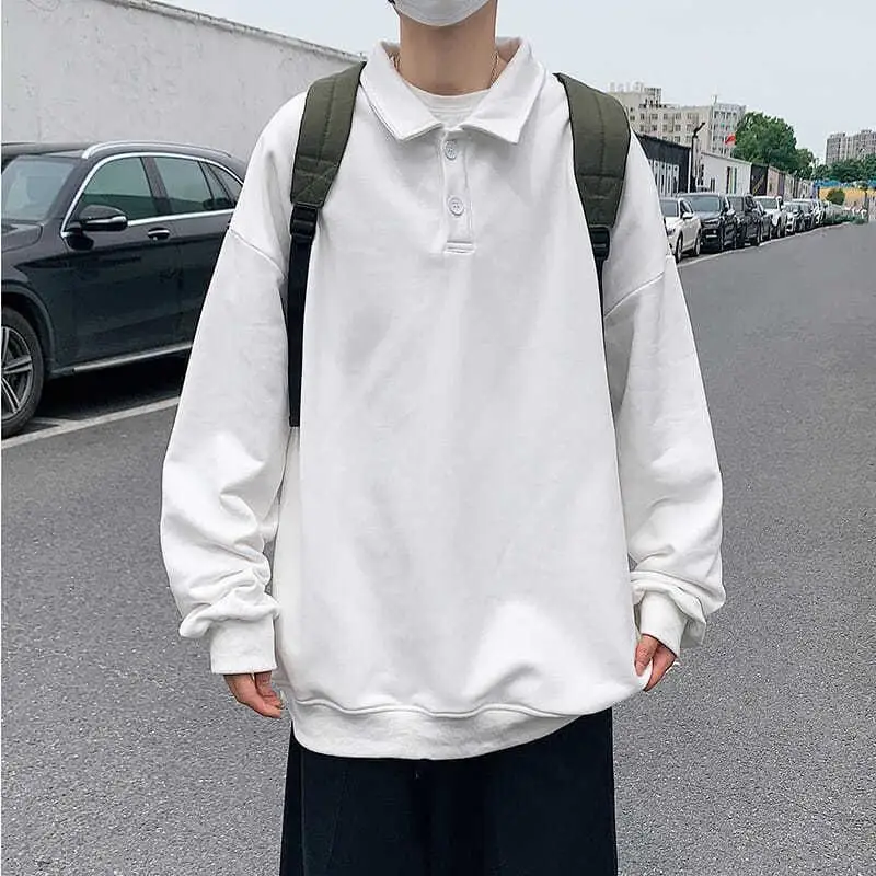 Fashion Lapel ButtonSolid Color Loose Sweatshirts Men's Clothing 2023 Autumn Winter New Casual Pullovers All-match Sweatshirts