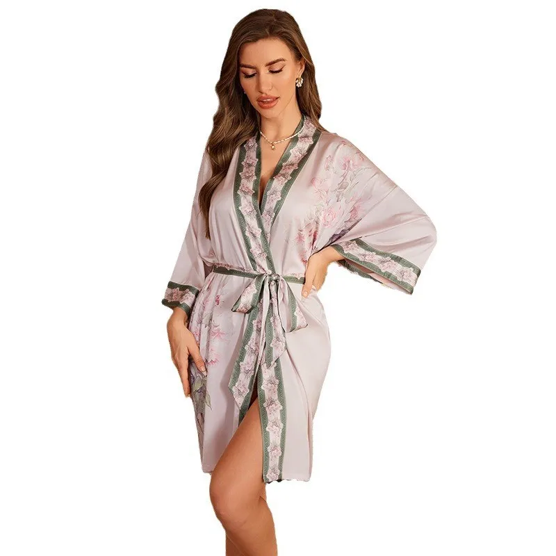 Women dress,women sleepwear,sleepwear pajamas Female Robe Nightgown Summer Satin Sleepwear Loungewear Silky Printing Kimono Bathrobe Gown Yukata Sexy Casual Nightwear