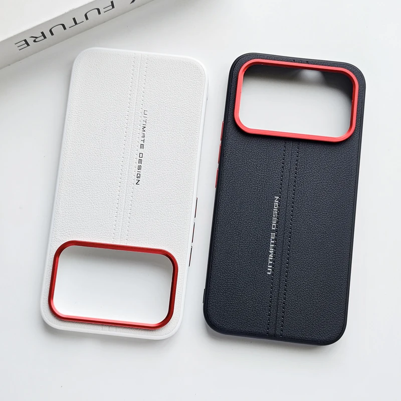 Luxury PU Leather Soft TPU Bumper Minimalist Phone Case with Metal Lens Frame