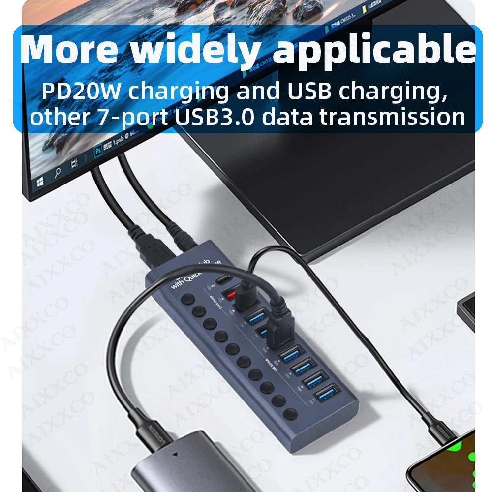 Aixxco Multi Splitter de Alta Velocidade com Interruptor Adaptador de Energia Expansor Múltiplo com Carregador pd Usb 3.0 Hub 10 Portas - Imagem 6