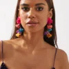 Exaggerated Boho Colorful Cloth Simulation Flowers Tassel Drop DangLe Earrings for Women Floral Eye-catching Statement Jewelry 2