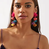 Exaggerated Boho Colorful Cloth Simulation Flowers Tassel Drop DangLe Earrings for Women Floral Eye-catching Statement Jewelry 2