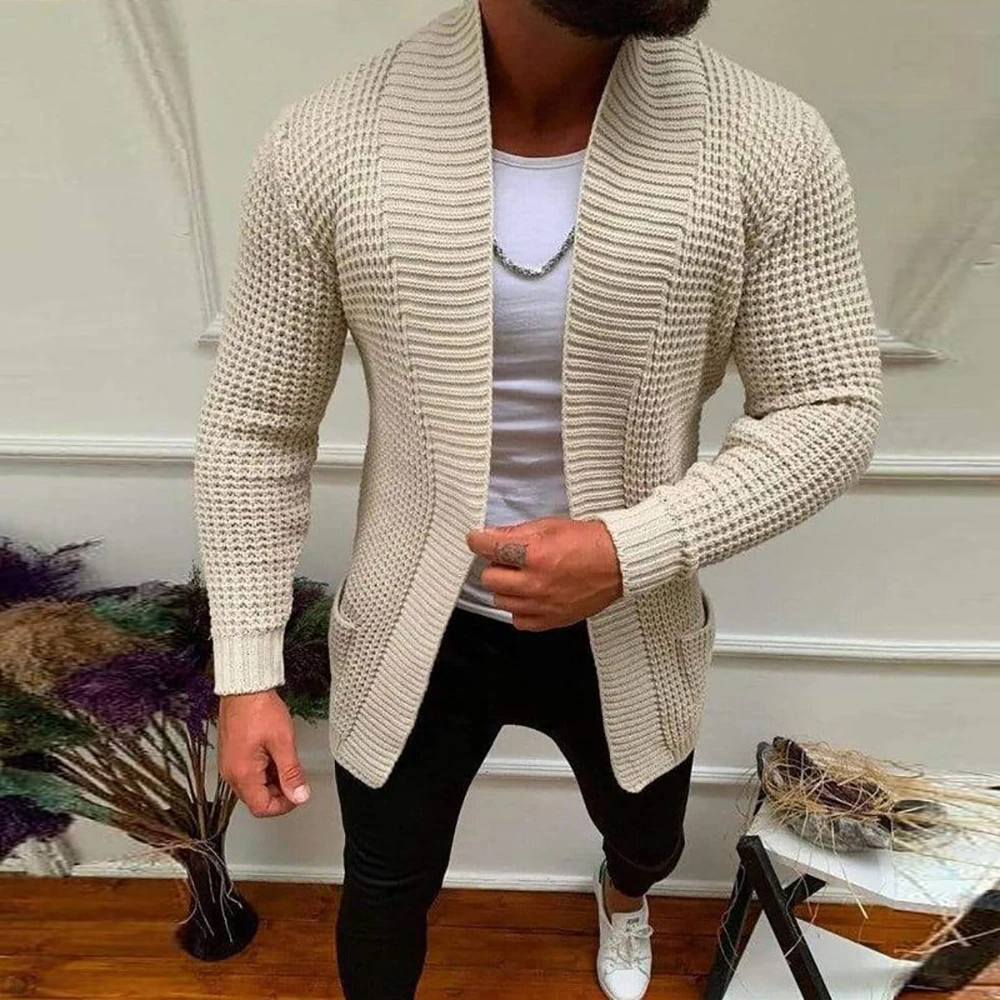 Men Knitted Cardigan Sweater Solid Color Casual Long Sleeve Slim Fit Handsome Tops With Pockets