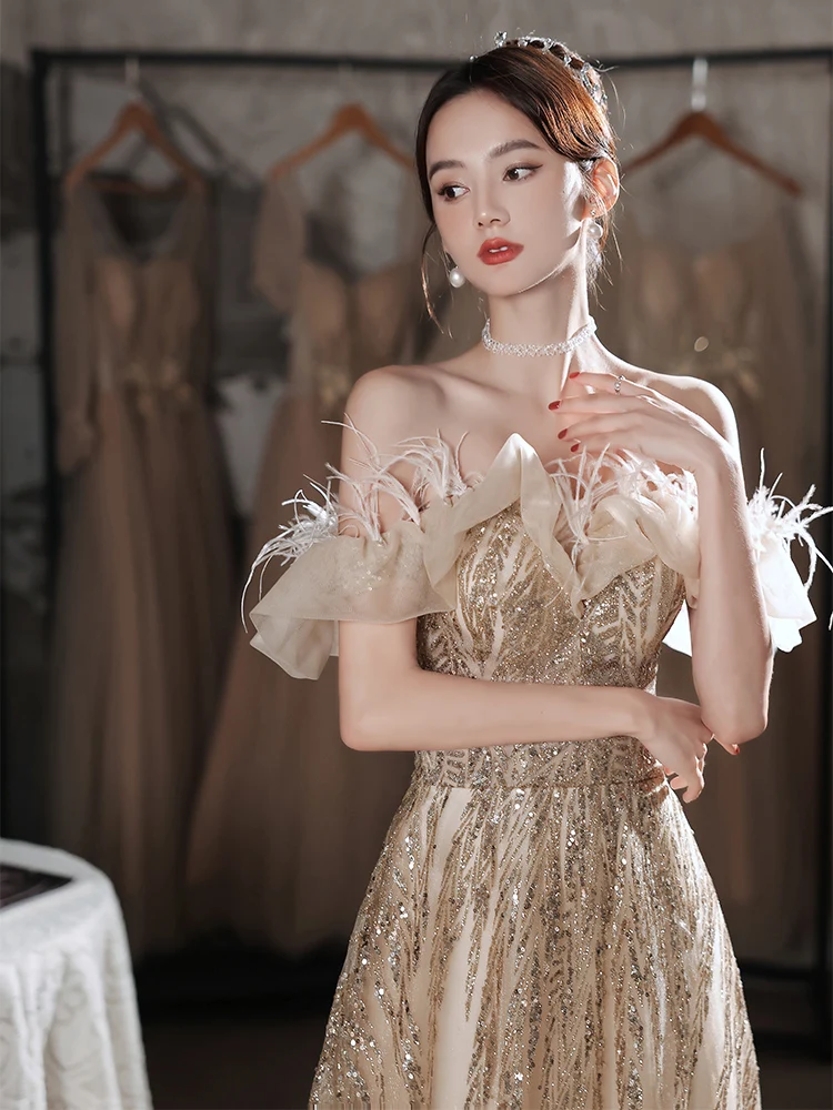 

Luxury Champagne Gold Evening Dress Elegant Feather Ruffle Edge Off Shoulder Sequins Prom Gown New A-Line Birthday Party Vestido