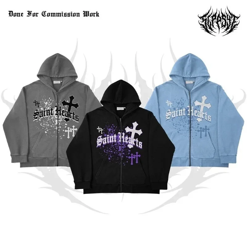 

2023 Autumn And Winter American Printed Couple Sweater Hoodie Y2K Street Fashion Retro Men And Women Zipper Hooded Sweater coat