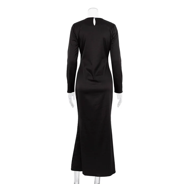 Hollow Out Satin Fashion Maxi Dress Female High Waist Slim Scoop Neck Long Sleeve Dress Solid Zipper Party Dress Summer