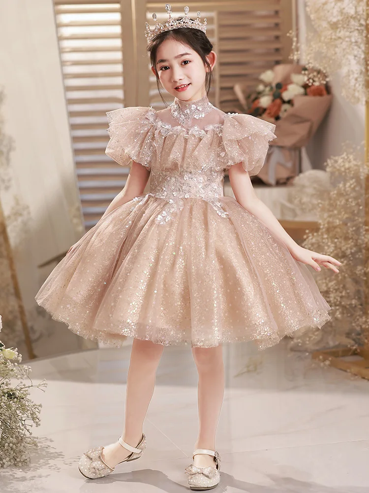 Abito Da Principessa Per Bambina Con Paillettes E Fiore – Vestito In Tulle Senza Maniche, Damigella Onore, Compleanno, Taglie 3-10 Anni