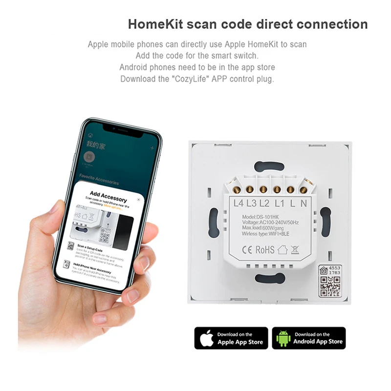 for Homekit WiFi Smart Switch US Neutral Wire Required 1/2/3/4 Gang Light WiFi Wall Touch Switch Work with Alexa Google Home