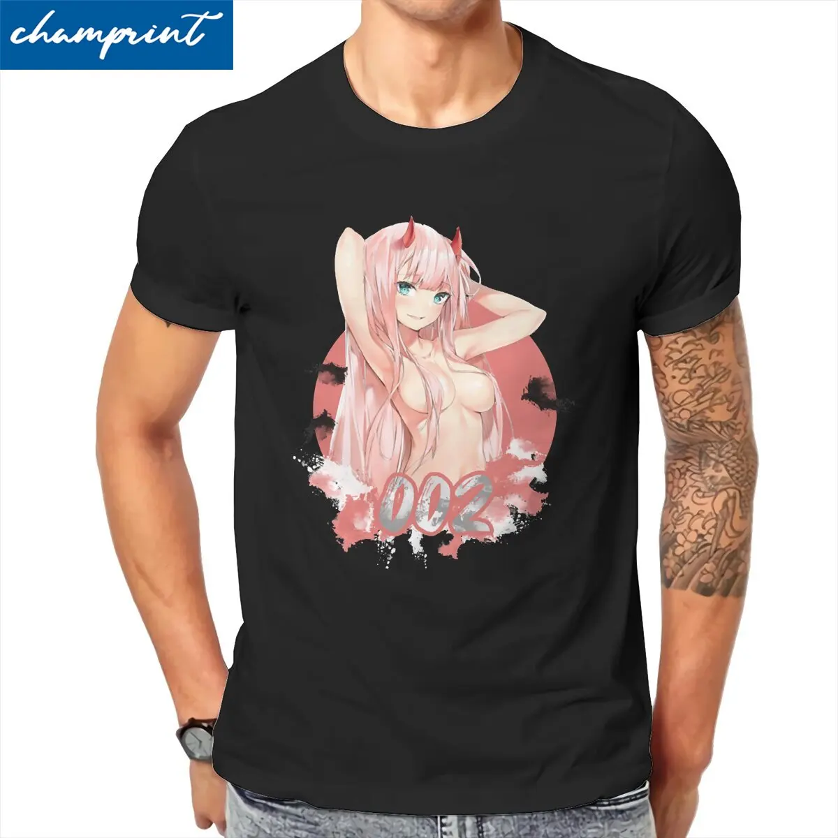 Mens Darling In The Franxx Zero Two T Shirt Japanese Anime Kawaii Sex Girl Pure Cotton Clothes Fashion Tees 4XL 5XL T-Shirt