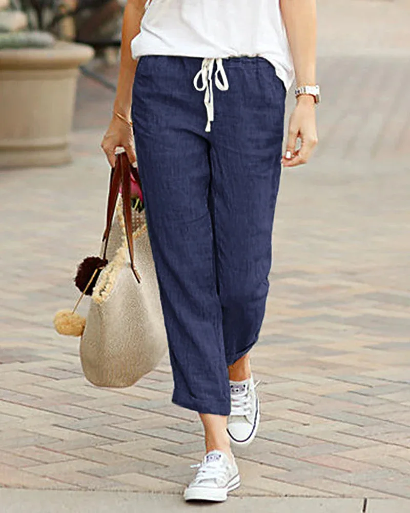 2024 New Women's Cotton Linen Pants Bottoms Trousers Clothes Ladies Summer Casual Loose Straight Solid Color Elastic Waist Pants