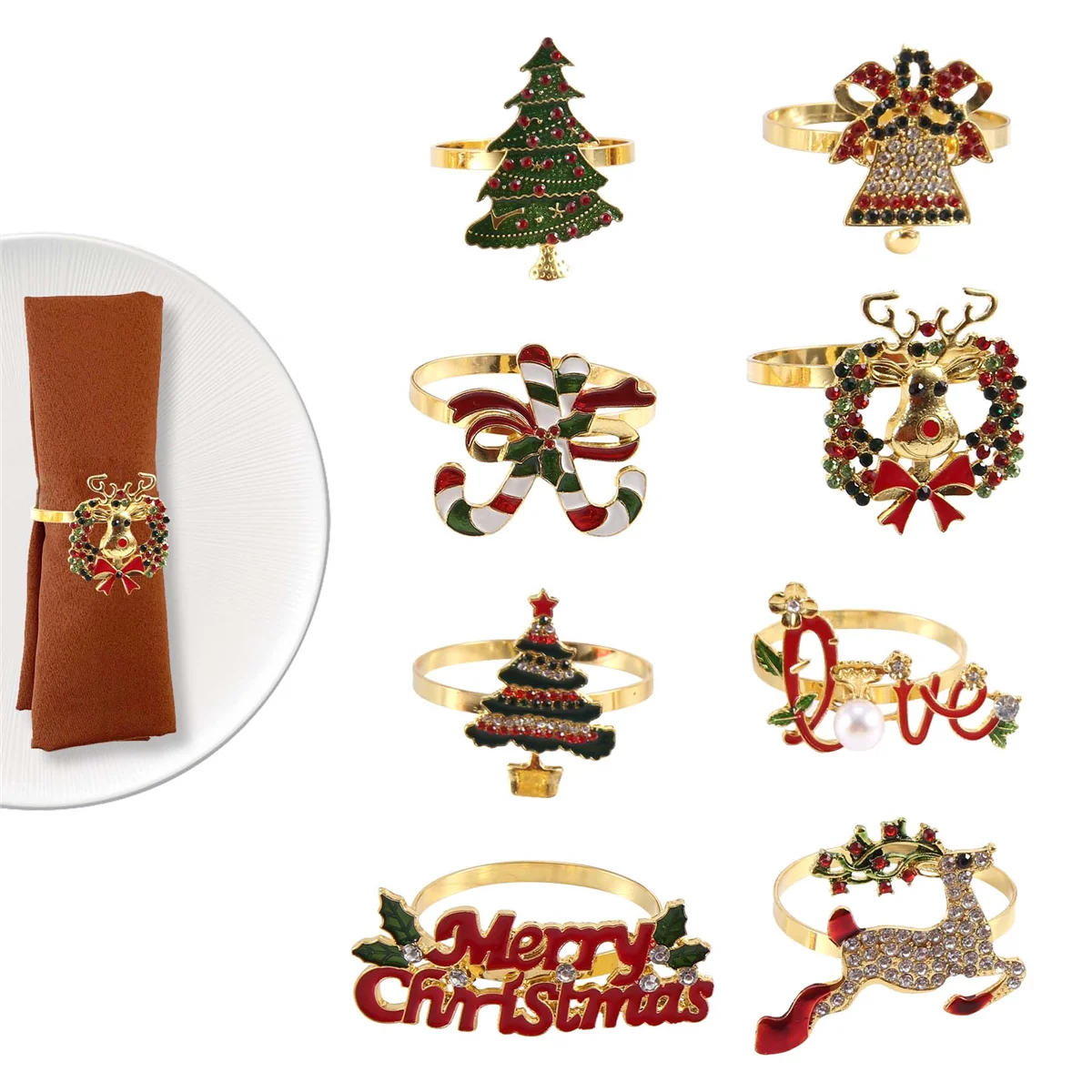 

Christmas Napkin Rings - Set of 8 Napkin Holder Rings for Holiday Christmas Table Decoration Elk Napkin Buckle