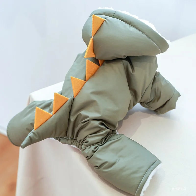 Pet Jacket 1PC Pet Clothing Dog Plush Insulation Plush Winter Snowy Green Dinosaur Cotton Coat Suitable for Small and Medium sized Dogs