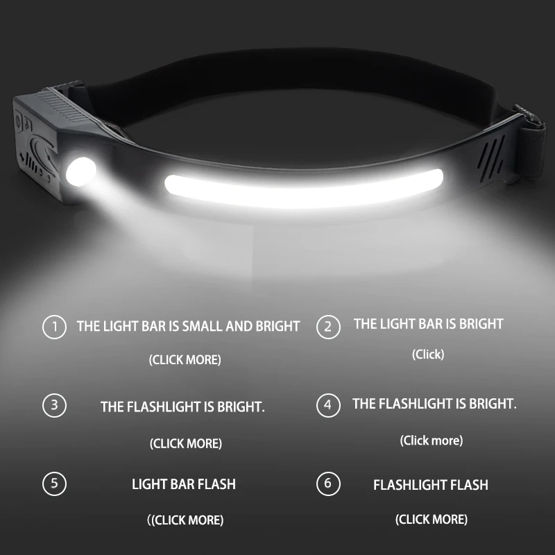COB LED 헤드램프 센서 헤드라이트 USB 충전식 헤드 토치 캠핑 낚시 작업등용 5가지 모드