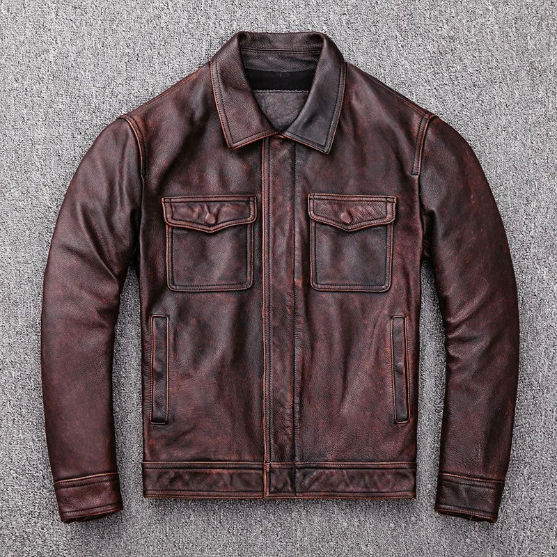 

2024 Men's Cow Leather Jacket Brand Vintage Pilot Motorcycle Biker Large Size Male High Quality Genuine Coat