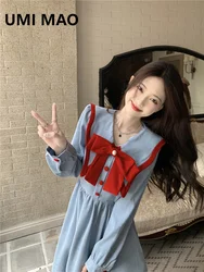 UMI MAO Princess Style Dress Women's Autumn/Winter 2023 Bow Corduroy Waist Slim Mid Length Long Sleeved Dresses Femme