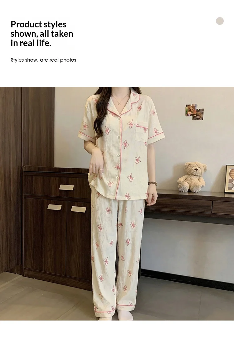 French-Style Sweet Bow Pajamas for Women: Summer Short-Sleeve Long-Pants Set with Cloud-Print, Soft and Cozy Cotton Loungewear