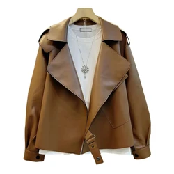 High-End Coffee Black Red Leather Jacket Women's Coat Tops 2024 New Spring Autumn Korean Casual PU Pi Jacket Street Clothing