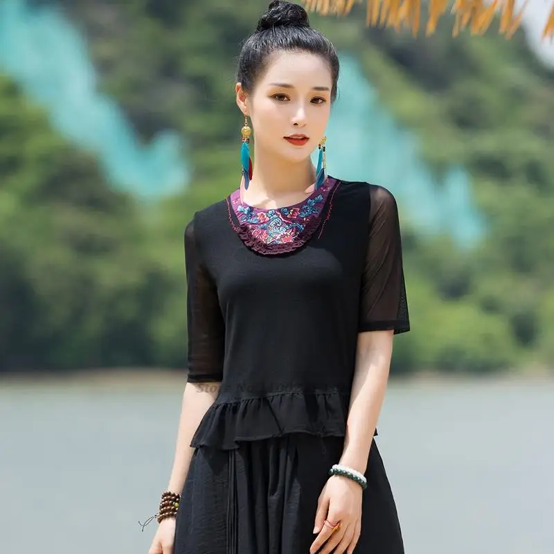 2024 traditional chinese vintage shirt national flower embroidery mesh sleeve base shirt oriental tang suit ethnic folk shirt
