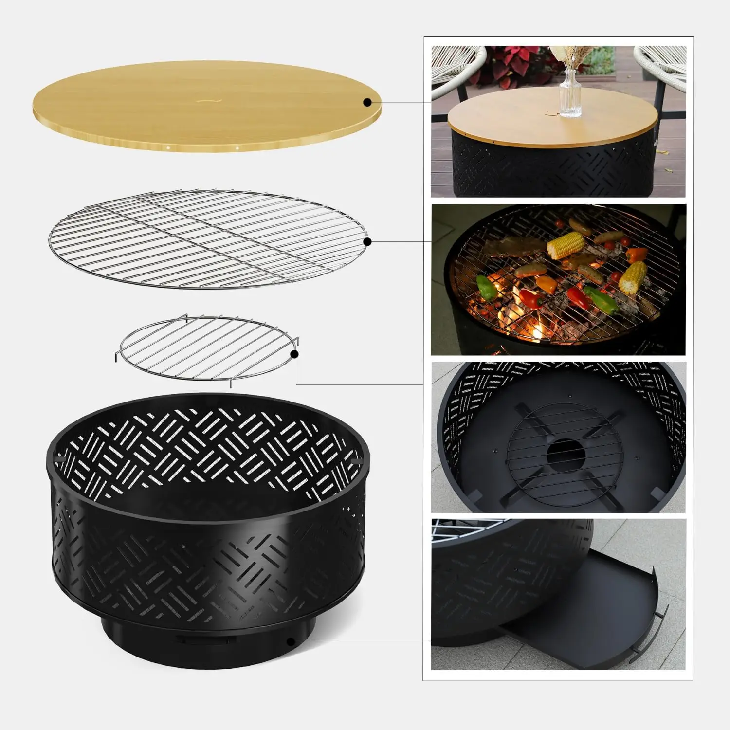 26" Wood Burning Fire Pits with Grill & Lid, Fire Pit Table for Outside with Waterproof Cover & Fire Poker, Outdoor Firepit