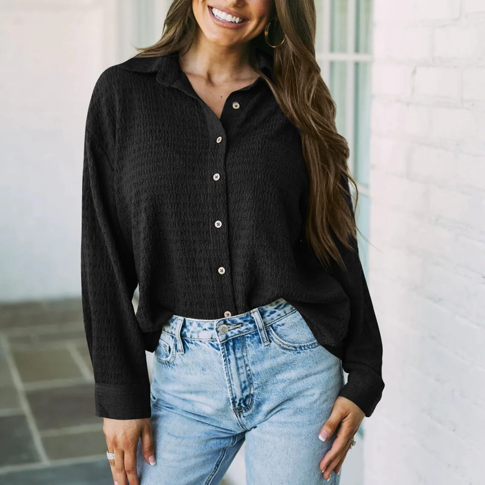 

Рубашка женская однотонная на пуговицах, повседневная офисная блузка в Корейском стиле с длинным рукавом, свободный шикарный топ, верхняя одежда, осень