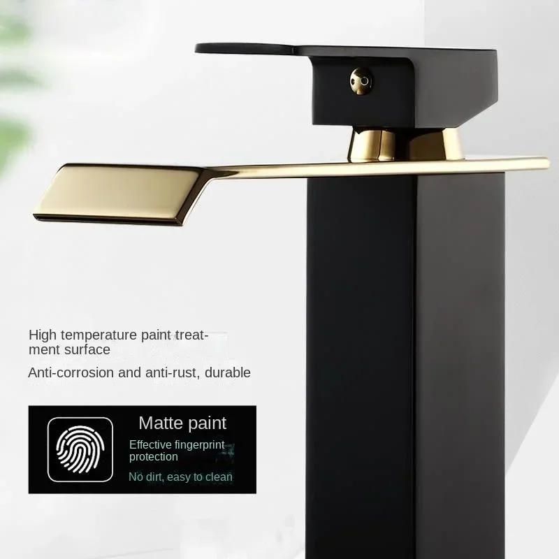 

Waterfall Basin Faucet Deck Mounted Bathroom Sink Tap Black Gold Cold and Hot Water Mixer Tap Vanity Vessel Sink Brass Faucets