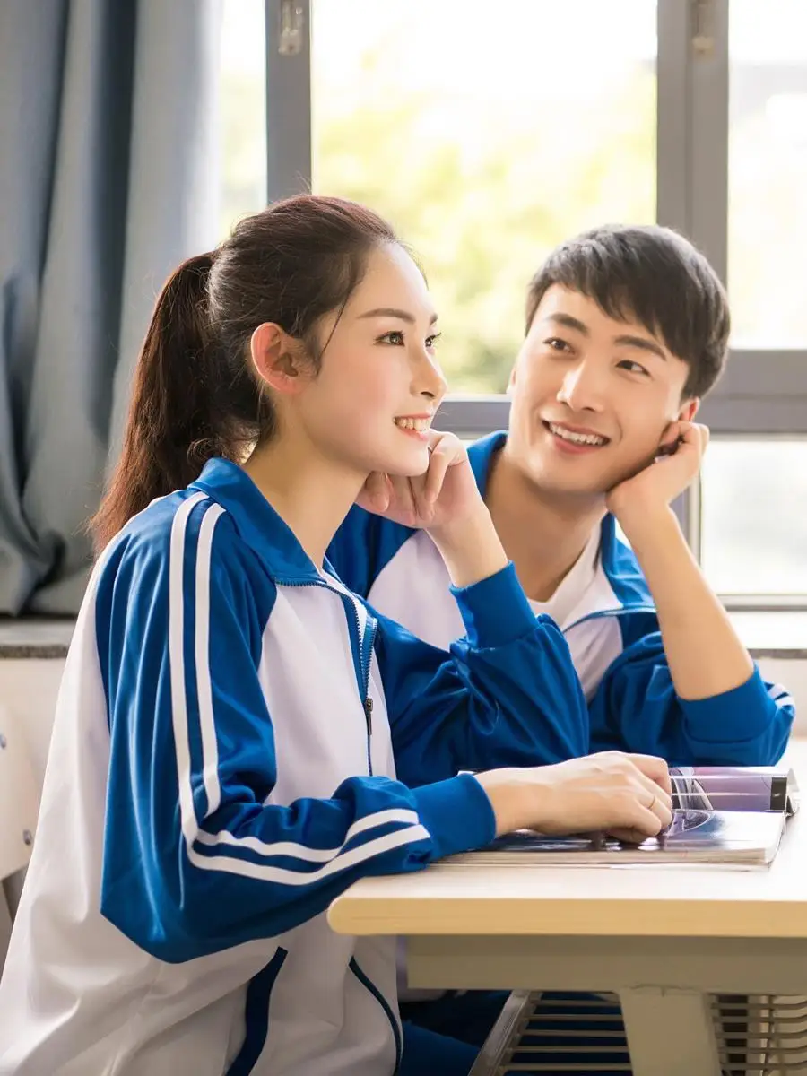 Blue White School Uniform Set with Zipper And  Performance Outfit for College Students Class Uniform DIY Polyester Casu... - 4