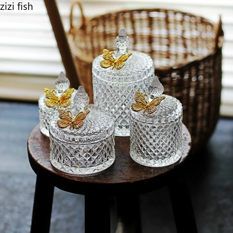 Glass Storage Jars Candy Jar Jewelry Storage Box Golden Butterfly Decorative Crystal Storage Jar with Lid Spice Organizer 2