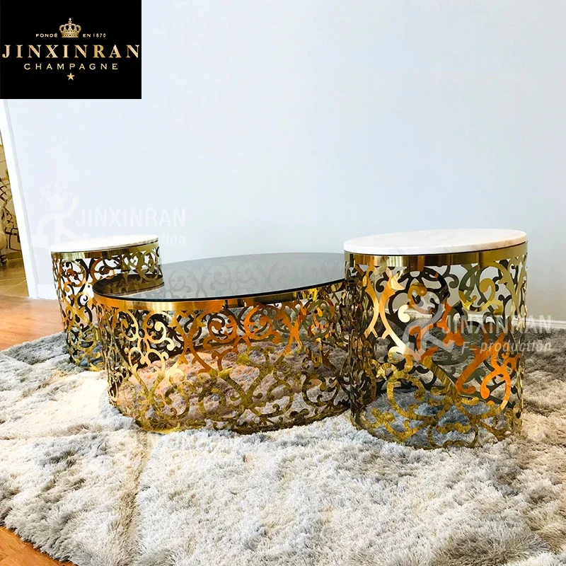 commercial living room golden stainless steel coffee table set metal base marble top tea