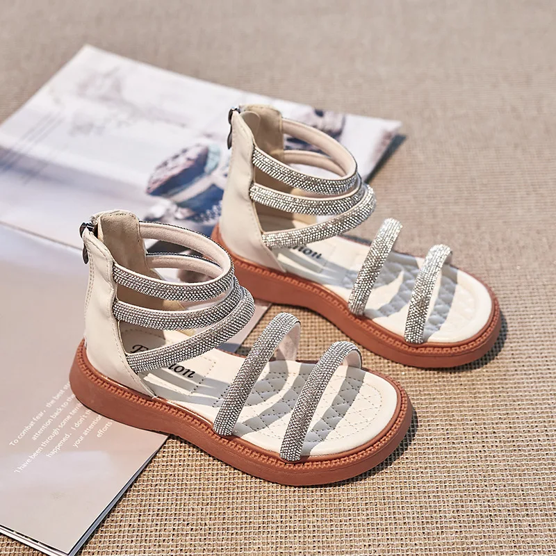 Girls Sandals 2025 Summer New Fashion Rhinestone Children's Roman Sandals Anti-sliperry Soft Kids Princess Beach Shoes G980 4