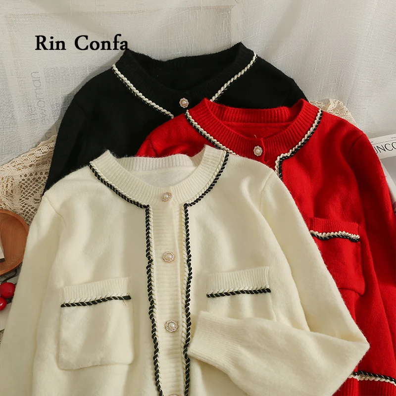 

Rin Confa New Loose-Fitting Thin Cardigan Sweater Single Breasted Fashion Pocket Knitting Tops All-Match Pure Colour Top Women