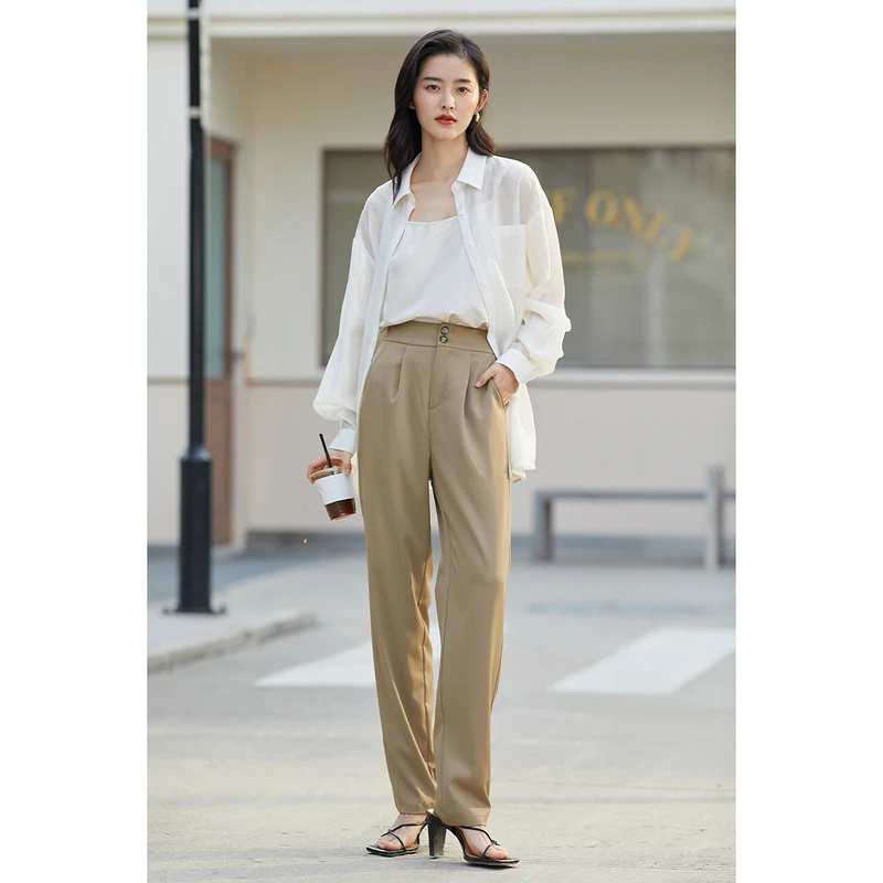 INMAN Summer Casual Women's Pants Commuter Trousers High Waist Office Lady Fashion Loose Elegant Long Pants Pure Color Versatile