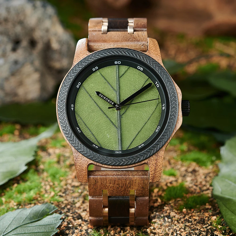 Men's Wood Watch with Genuine Leaf, BOBO BIRD Watch, Leaves Face Original Wooden Clock, Engraved Watch, Anniversary Custom Gift