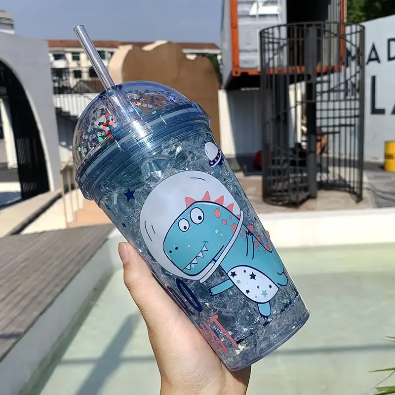 350ml Kid Plastic Cup Straw Dinosaur Doll Double Layer Refrigeration Water Bottle Gift Summer Drinkware Coffee Mug