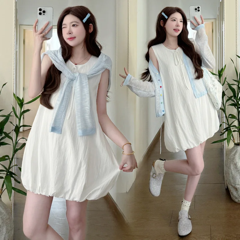 임산부 여름복 2026 스윗 큐트 버드 드레스 & 시스루 긴팔 자외선 차단 가디건 투피스 세트