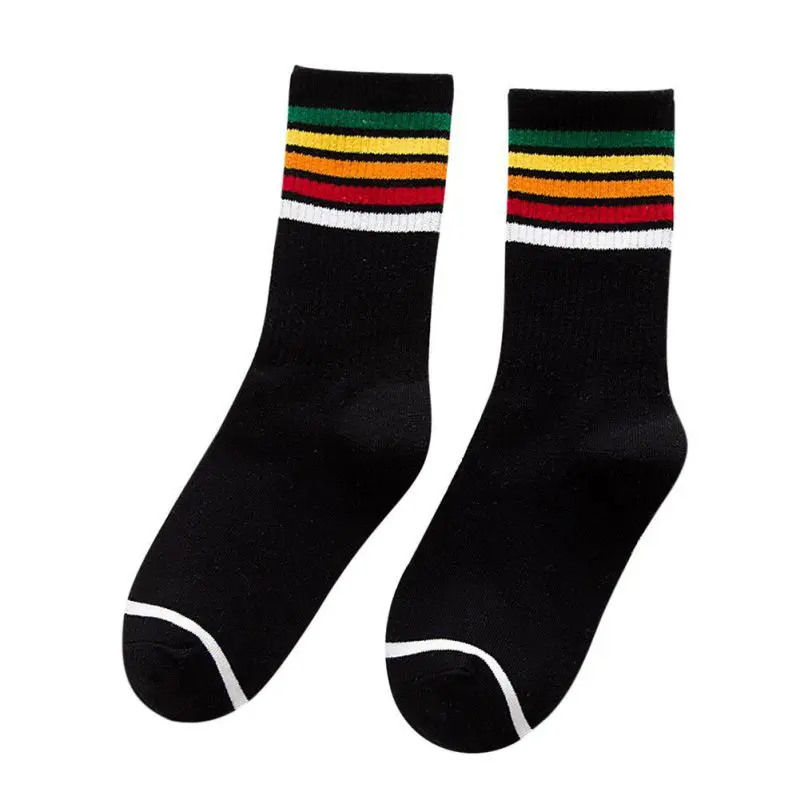 1 Pair Women Winter Rainbow Striped cotton socks Black/White Sport Girls College style sock funny art warm sox