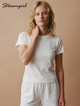 Basic T Shirts Women Cotton Slim Fit White Tops Summer Black Tees Crew Neck 100% Cotton T Shirt For Women Plain T-shirts Soft 1