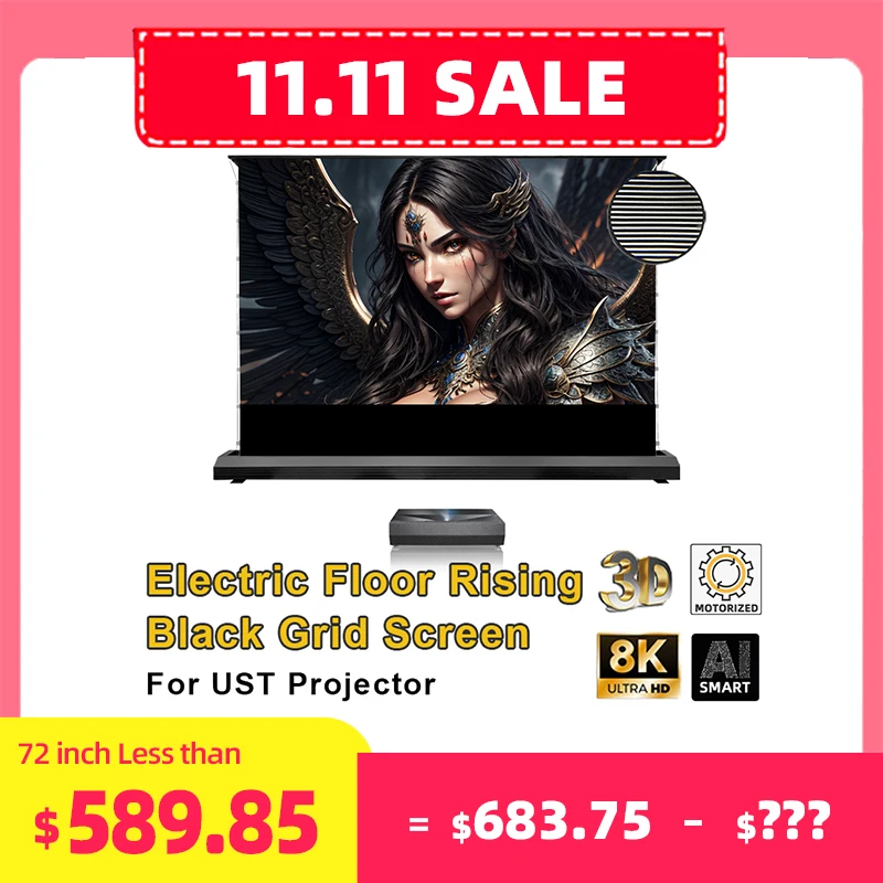 Electric Floor Rising ALR UST Projection Screen Black Grid 150 Max Tab Tension Ambient Light Rejecting for Laser Projector 3D 8K