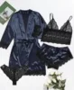 Ensemble pyjama en satin 4 pièces avec robe – Haut de pyjama à bretelles et short avec bordure en dentelle, le pyjama élégant incontournable pour femme