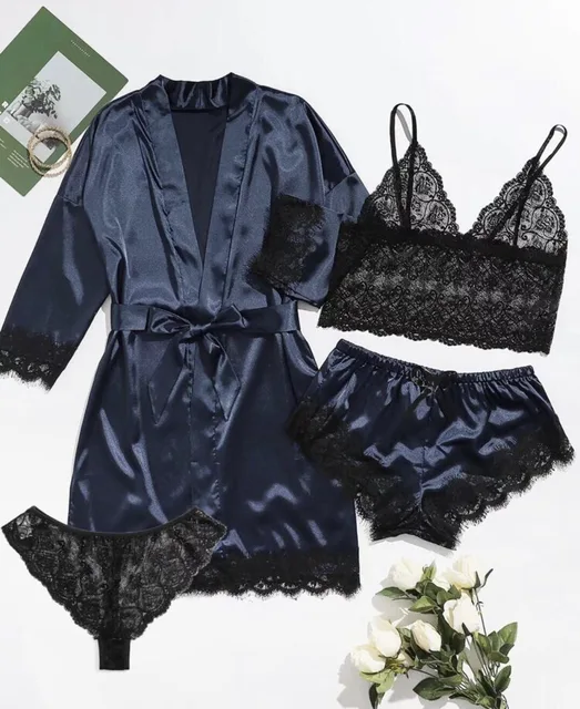 Ensemble pyjama en satin 4 pièces avec robe – Haut de pyjama à bretelles et short avec bordure en dentelle, le pyjama élégant incontournable pour femme