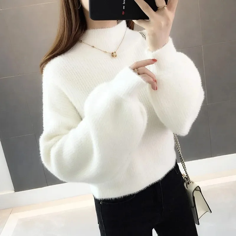 

Осенне-зимние вязаные рубашки, женские свитера, пуловеры, топы, Модный женский облегающий эластичный Повседневный свитер с длинным рукавом и ложным воротником